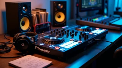 Techno DJ setup with Pioneer controller, studio monitors, and headphones in a modern home music production studio