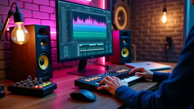Producer creating electronic track in home studio using MIDI keyboard and techno sample packs on screen.