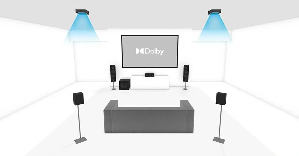 Diagram of a home theatre setup highlighting common speaker placement mistakes with Dolby branding on the screen.