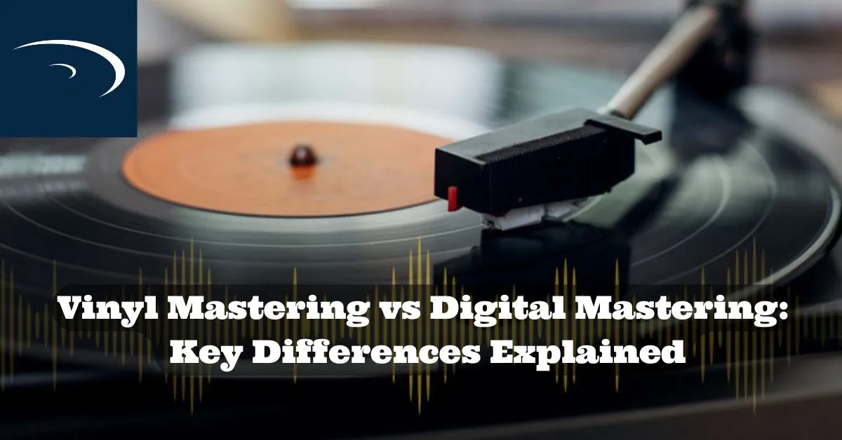 Close-up of a vinyl record player with text comparing vinyl mastering and digital mastering key differences.