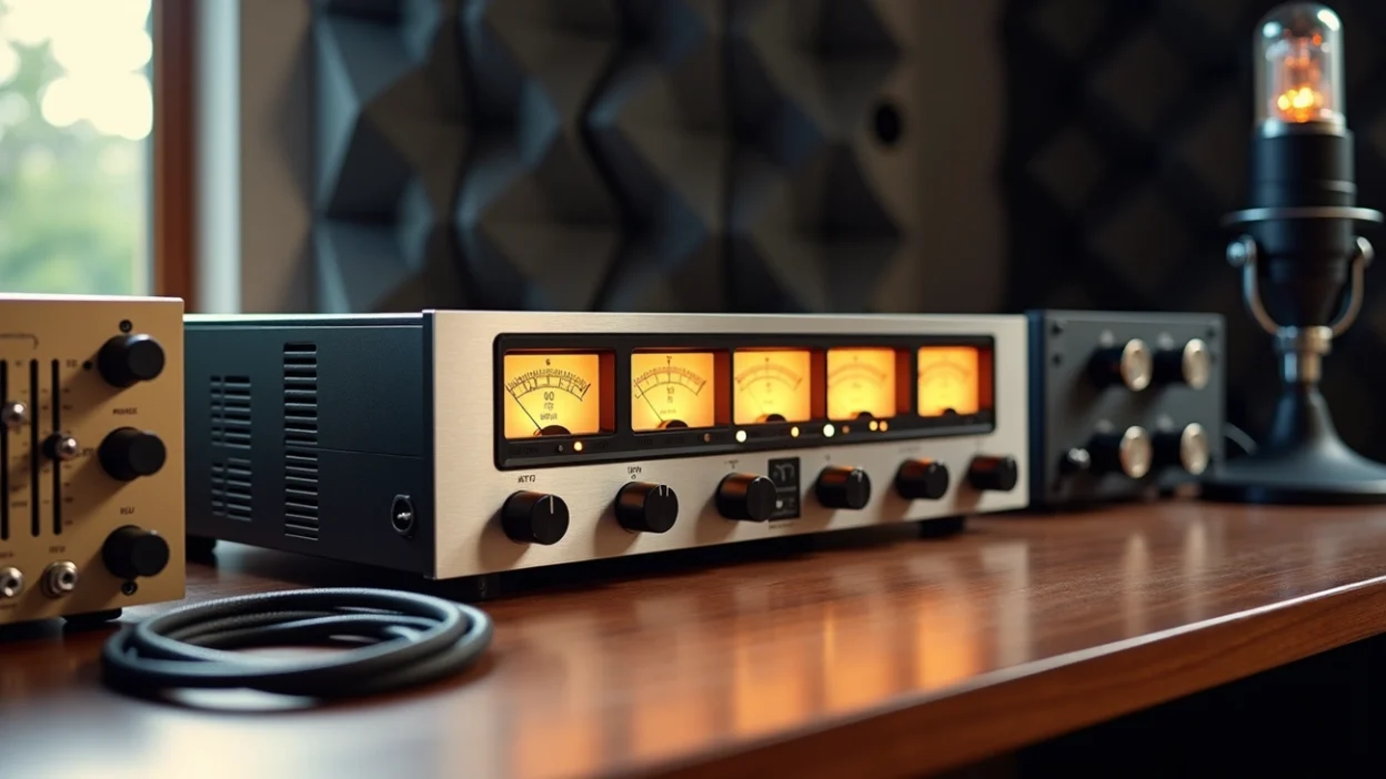 Analog recording equipment with vintage VU meters and tube microphone on a studio desk in a professional audio recording studio.