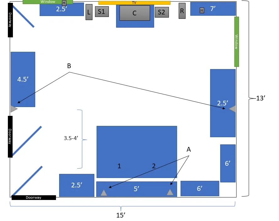 Top-down room layout showing surround and rear speaker placement with measurements and furniture positions.