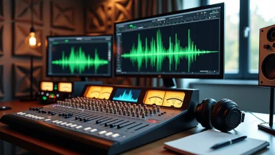 Audio mastering studio with mixing console and waveform display illustrating dynamic range audio in a professional recording