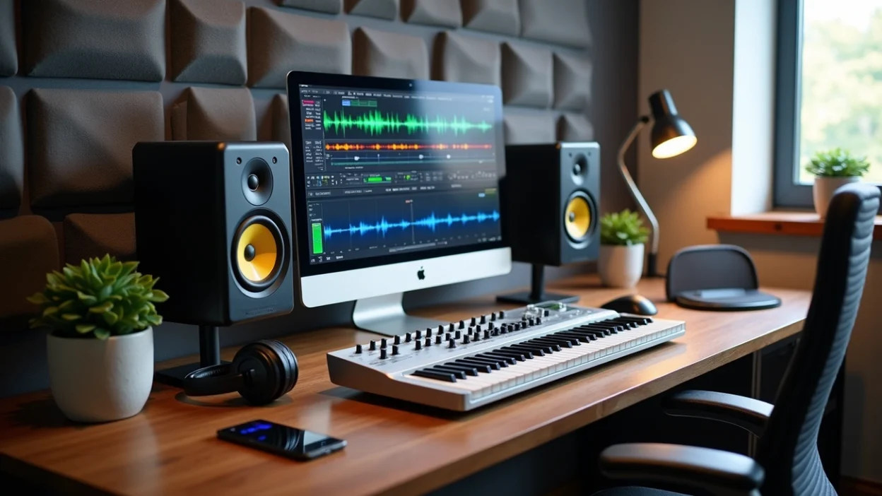 home studio mastering avec ordinateur, enceintes de monitoring et clavier MIDI dans un studio acoustique moderne pour production audio