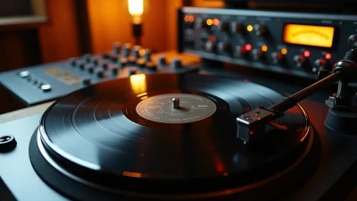 Close-up of a vinyl record spinning on a turntable in a studio, showing how do vinyls work as the stylus reads the grooves.