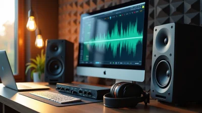 Professional audio studio setup showing waveform editing on computer screen, illustrating how to master a techno track effectively