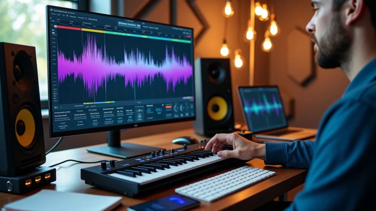 LUFS for techno analysis displayed on audio mastering screen with detailed waveform, electronic music production in studio