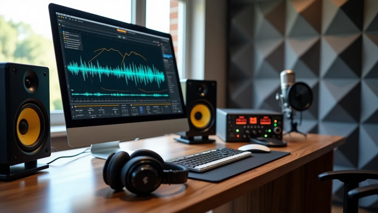 Mastering eq displayed on iMac screen in a professional audio studio with monitor speakers and headphones.