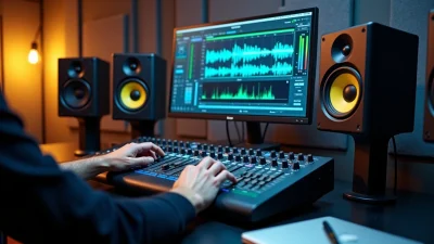 Audio engineer mastering techno track in studio with speakers and waveform display, mastering for Beatport high quality sound