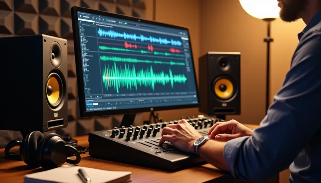 Studio audio professionnel avec ingénieur en mastering rock travaillant sur forme d’onde à l’écran et enceintes monitoring.