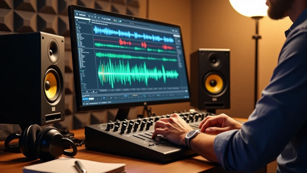 Studio audio professionnel avec ingénieur en mastering rock travaillant sur forme d’onde à l’écran et enceintes monitoring.