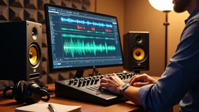 Studio audio professionnel avec ingénieur en mastering rock travaillant sur forme d’onde à l’écran et enceintes monitoring.
