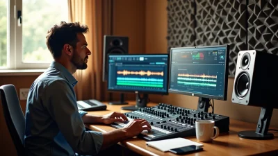 Professional mixing and mastering services in a modern studio with engineer editing audio tracks on dual screens and studio monitors