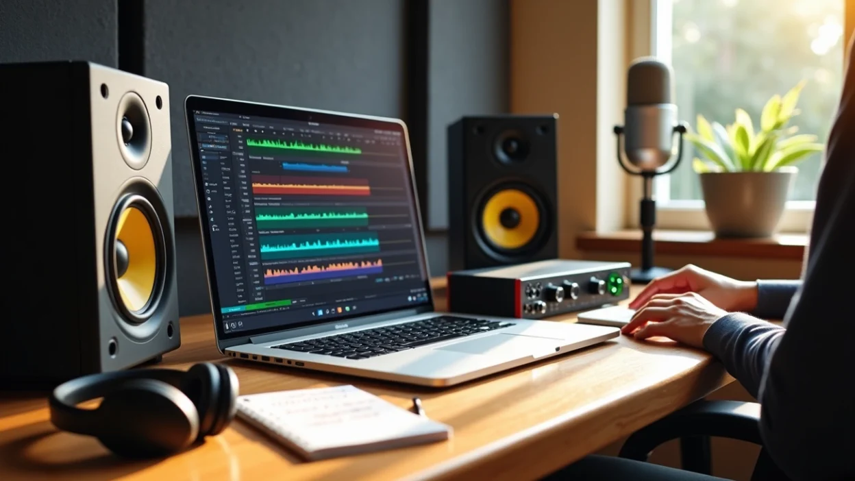 Professional music mastering service on laptop with studio monitors, audio interface and microphone in a modern home studio setup
