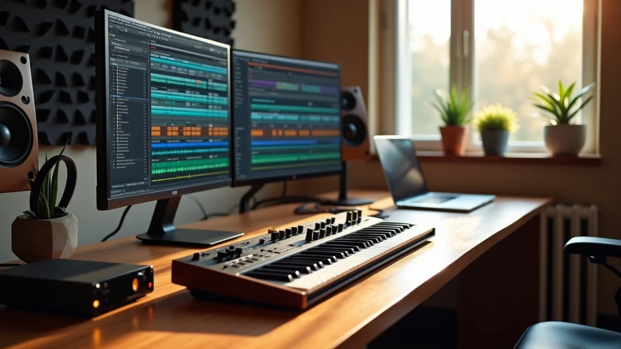 Modern audio production studio with DAW screens and MIDI keyboard, showcasing stereo imaging and professional sound mixing