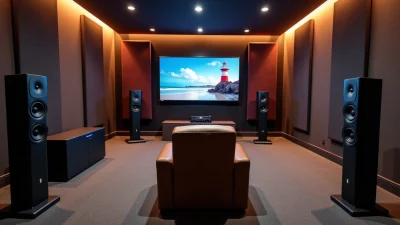 Modern home theater with surround sound setup, large screen display, acoustic panels and high-end speakers in a dedicated media room.