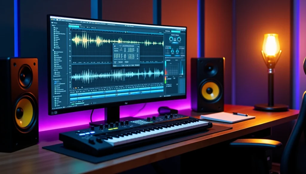Techno mastering setup with audio editing software on screen, studio monitors and MIDI keyboard in a modern music production workspace