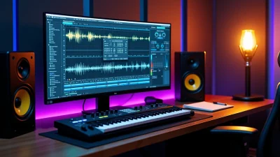 Techno mastering setup with audio editing software on screen, studio monitors and MIDI keyboard in a modern music production workspace
