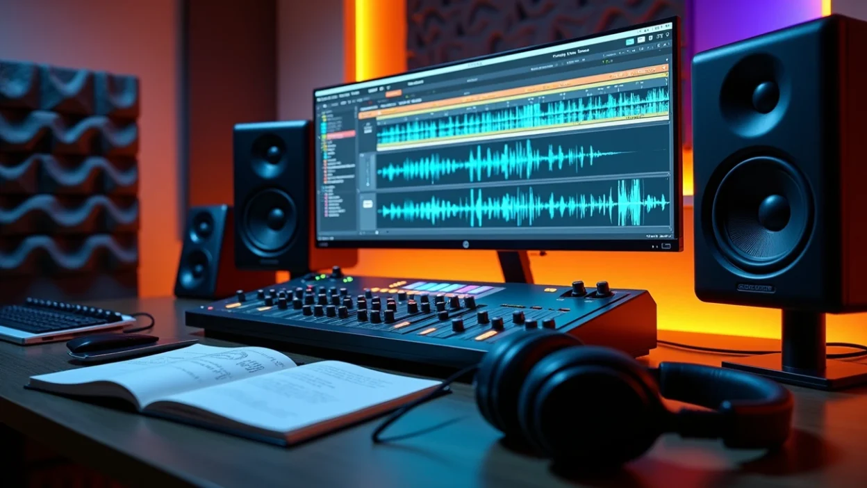 Techno mastering mistakes displayed in audio software within a professional music production studio with monitoring speakers
