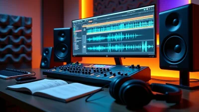 Techno mastering mistakes displayed in audio software within a professional music production studio with monitoring speakers