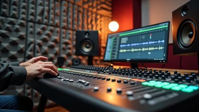 Audio engineer working on a mixing console in a recording studio, illustrating the art of mixing with stereo monitors and DAW.