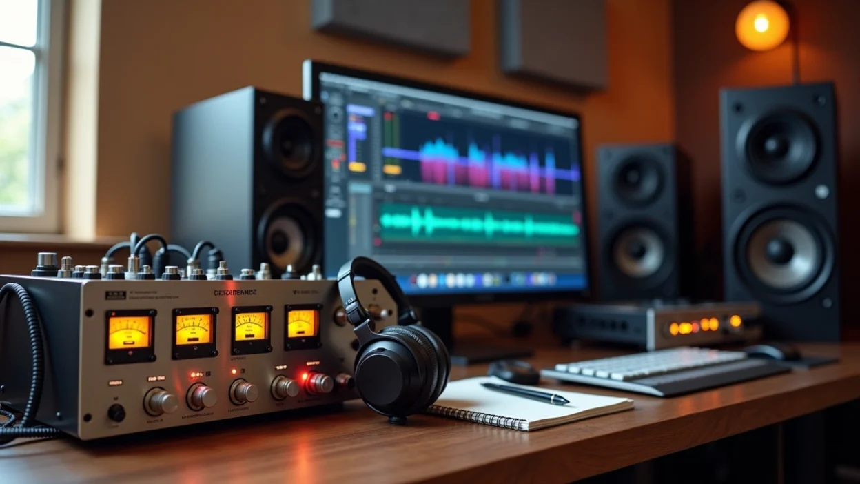 analog vs digital mastering techno in a professional audio studio with analog compressor, DAW screen and studio monitor speakers