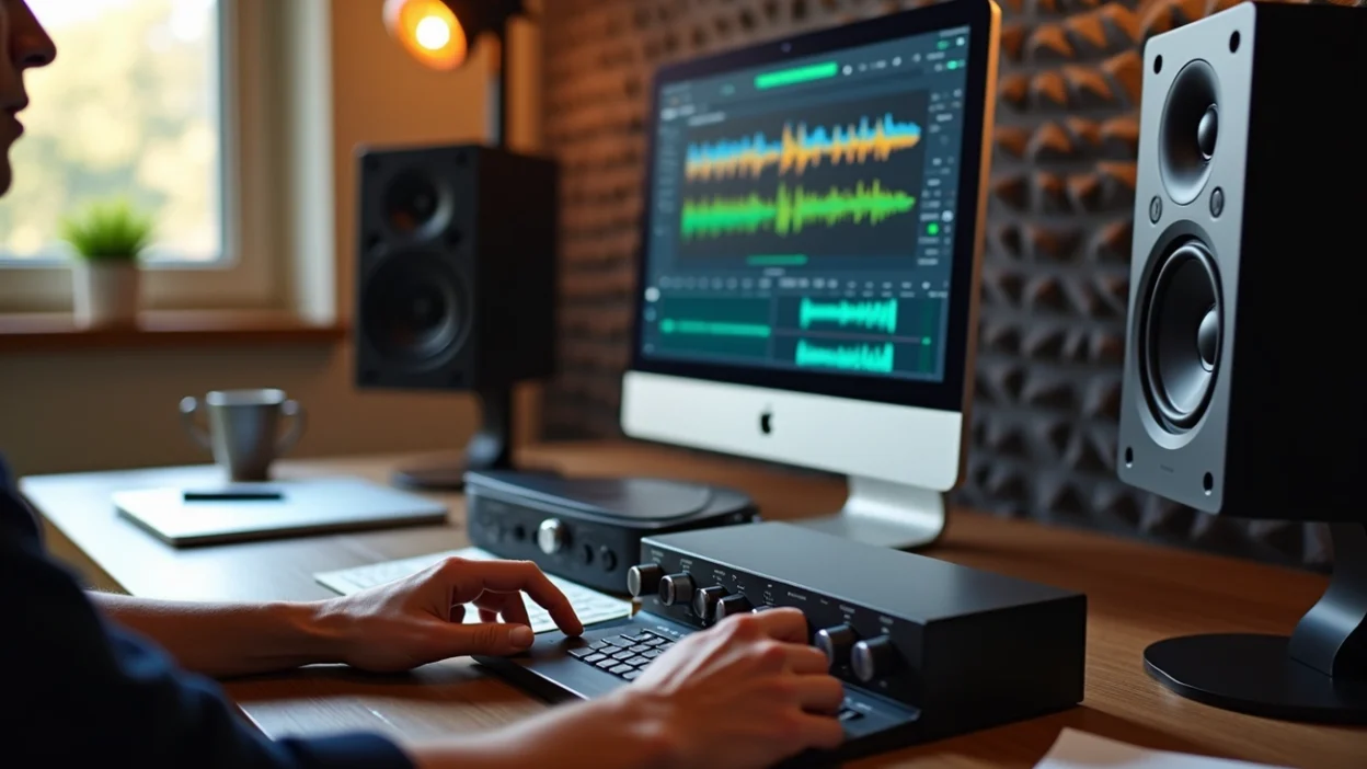 Audio engineer using eq mastering on a computer with studio monitors to fine-tune frequencies and optimize a professional mix