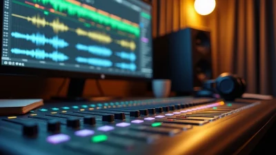 Audio studio with digital mixing interface showing waveforms, illustrating headroom for mastering in music production