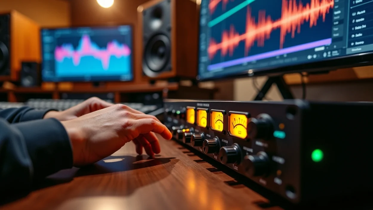 Audio engineer adjusting a limiter mastering unit on analog rack with VU meters, waveform displayed on screen in pro studio