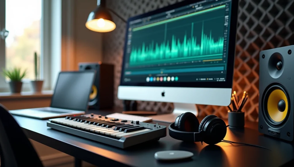 techno mastering checklist displayed on a studio screen with MIDI keyboard, headphones, and speakers to optimize sound quality and mix clarity