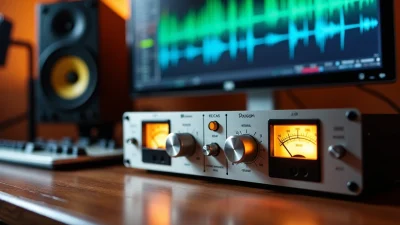 Audio studio featuring an analog compressor and waveform display illustrating professional mastering compression in music production