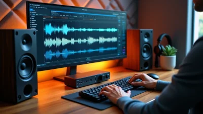 Mid side mastering on a professional audio workstation with waveform display and studio monitors for precise stereo processing