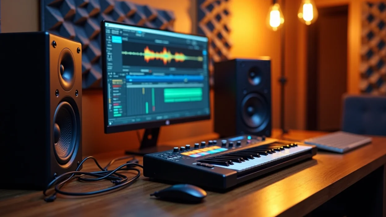 Techno mastering chain in a professional home studio with speakers, MIDI keyboard and DAW for high-quality electronic music production