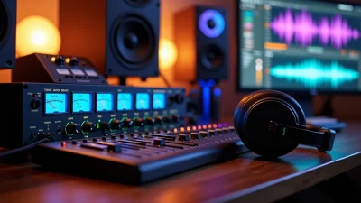 what is audio mastering in a professional studio with mixing console, speakers and headphones for high-quality sound production