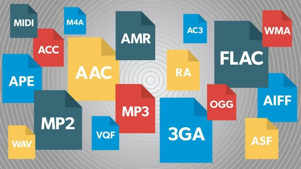 Colorful icons representing various audio file formats like MP3, AAC, FLAC, WAV, and others on a gray background.